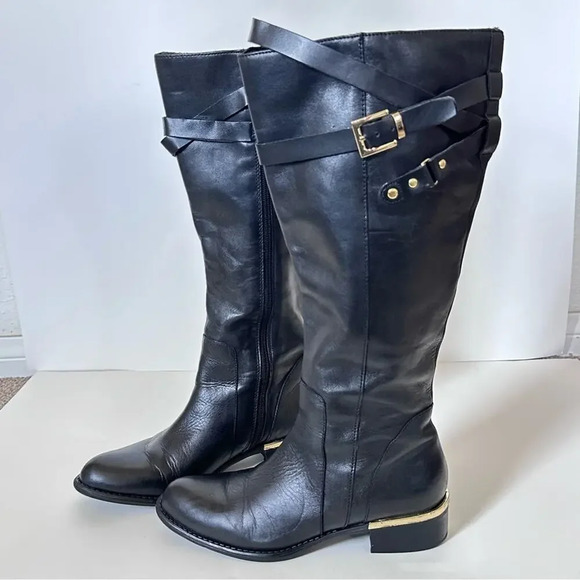 Franco Sarto Celeste Leather Knee High Boots Womens Size 6 M-W/C Black Gold - Picture 12 of 12